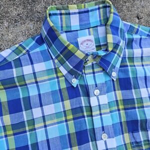 Brooks Brothers Cotton Original Polo Shirt Blue Plaid Check Size M Bright Preppy